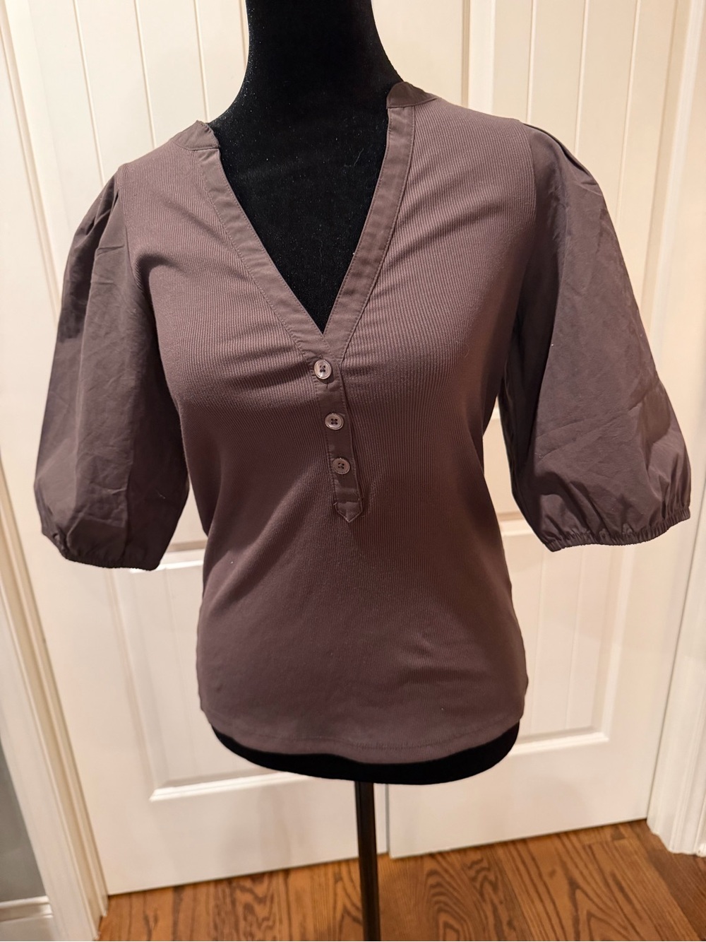 Madewell Puff Sleeve V-Neck Top in Taupe Brown